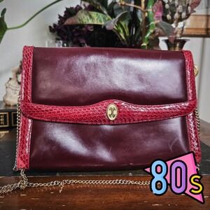 Snakeskin Purse Burgundy Red Leather Bag Vintage 80s Exotic Skin Chain Clutch